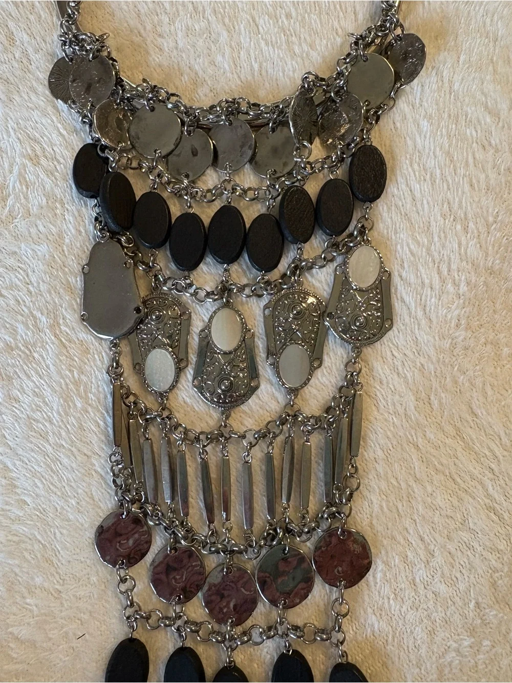 Chico's Silver and Black Layered Tassel Bib Necklace
